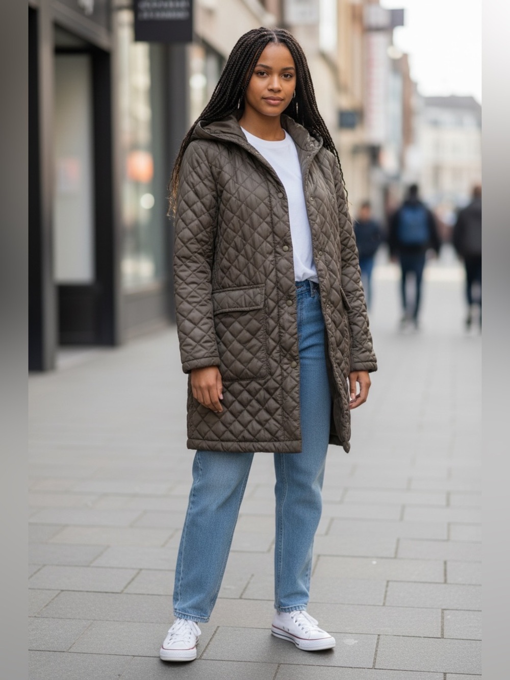 Zara Quilted Hooded Long Coat in Olive, Size S